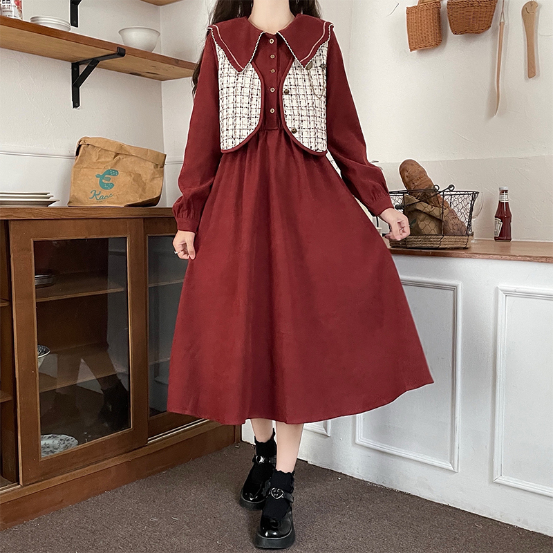 Preppy Doll Collar Dress Set with Vest Autumn New Red Two Piece