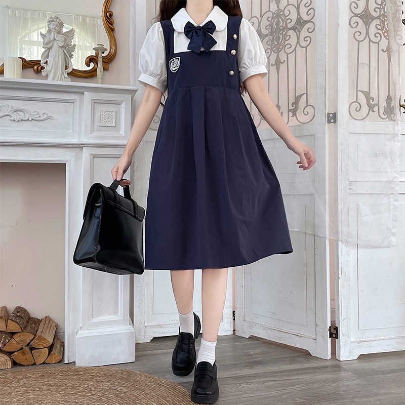 Preppy Faux Two-Piece Long Sleeve Dress Japanese Sweet JK Style
