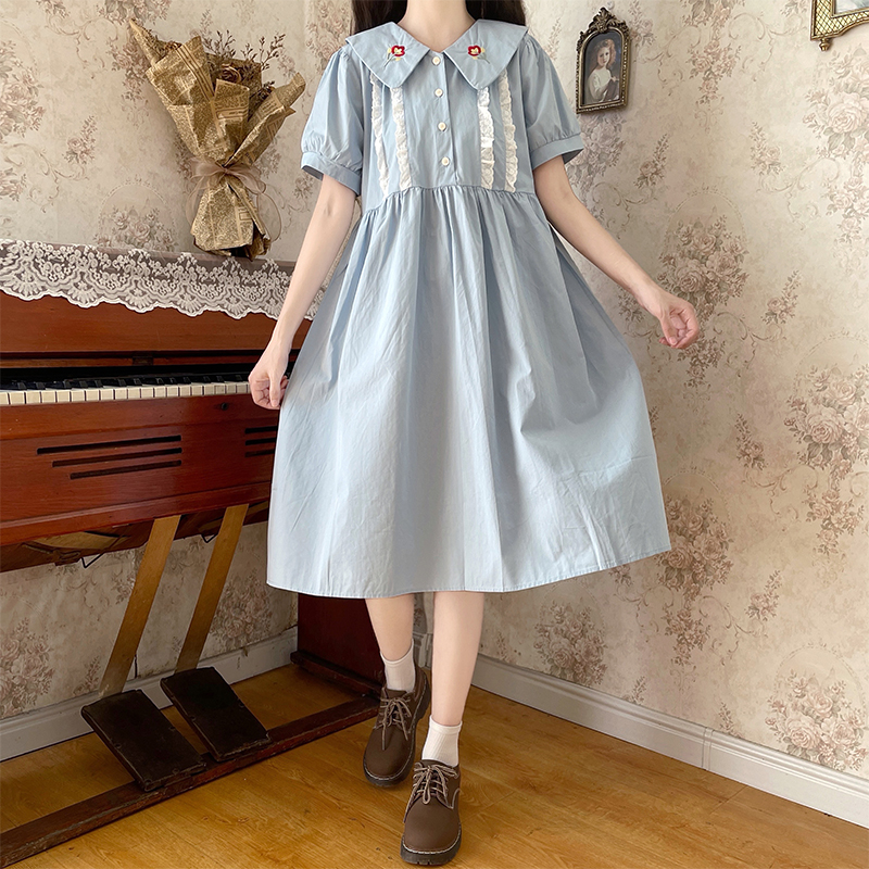 2023 Summer Japanese Sweet Doll Collar Puff Sleeve Dress for Junior High and High School Students