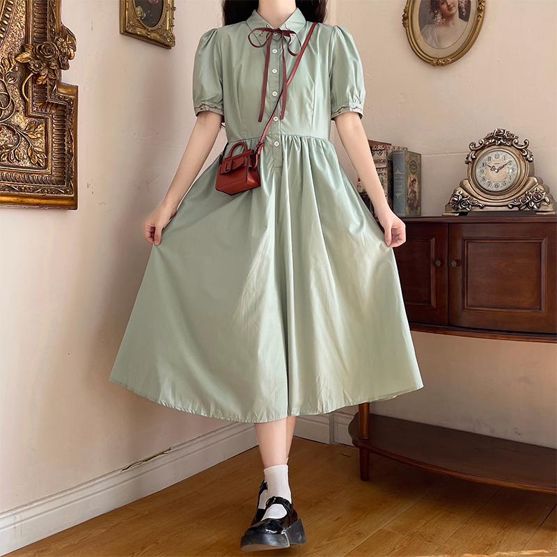 New Sweet Bubble Short Sleeve Midi Dress Women A-Line Preppy Style