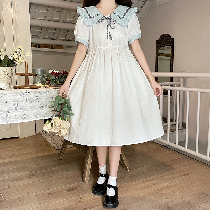 Sweet French Style Doll Collar Chiffon Dress with Bubble Sleeves and Bow