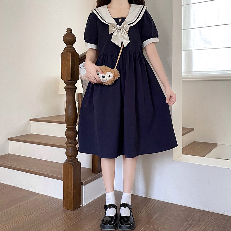 Navy Collar Dress for Teen Girls 2023 Japanese Preppy Style Long Dress