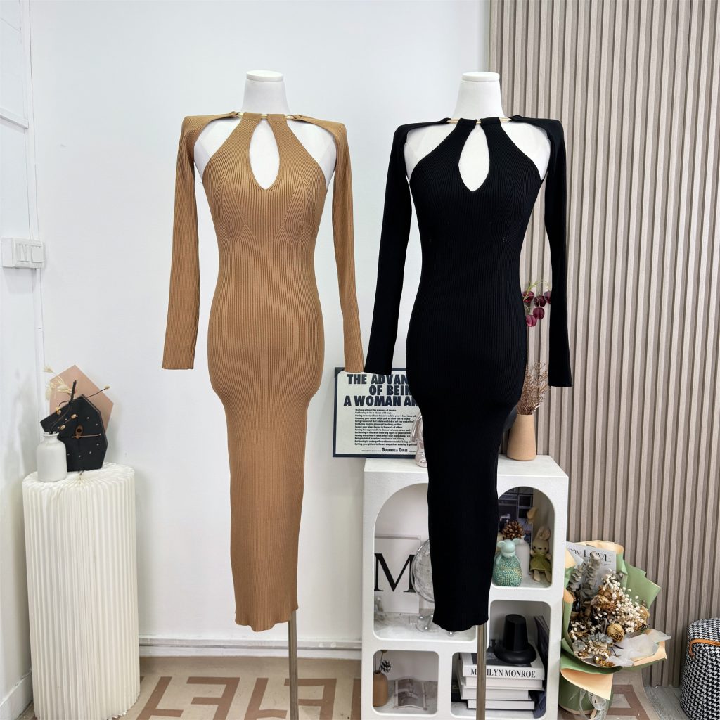 JAYKY YANG Metal Halter V-Neck High Stretch Dress