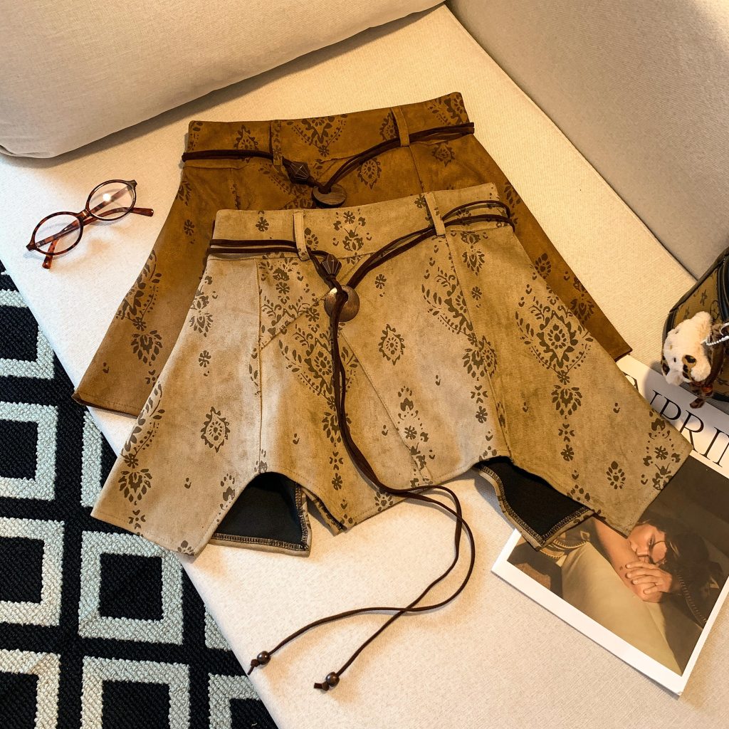 Korean Style Vintage Print Suede High Waist Asymmetric A-Line Skirt with Belt
