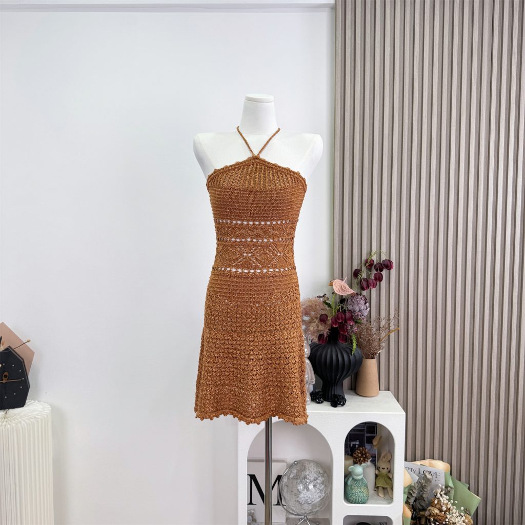 DFAY Caramel Brown Shimmer Knit Halter Dress with Cutout Waist