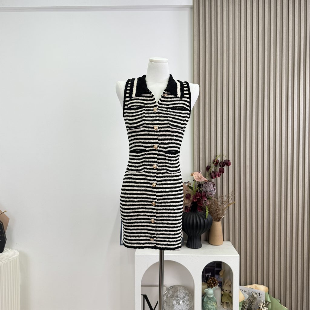Cher Striped Sleeveless Knit Bodycon Mini Dress with Lapel Collar