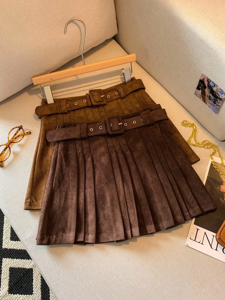 Academy Style Suede Pleated Mini Skirt Women's Fall High Waist A-Line