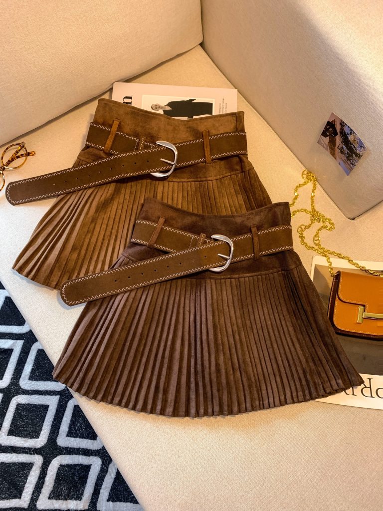 Women's Pleated A-Line Mini Skirt with Contrast Belt Korean Style Fall