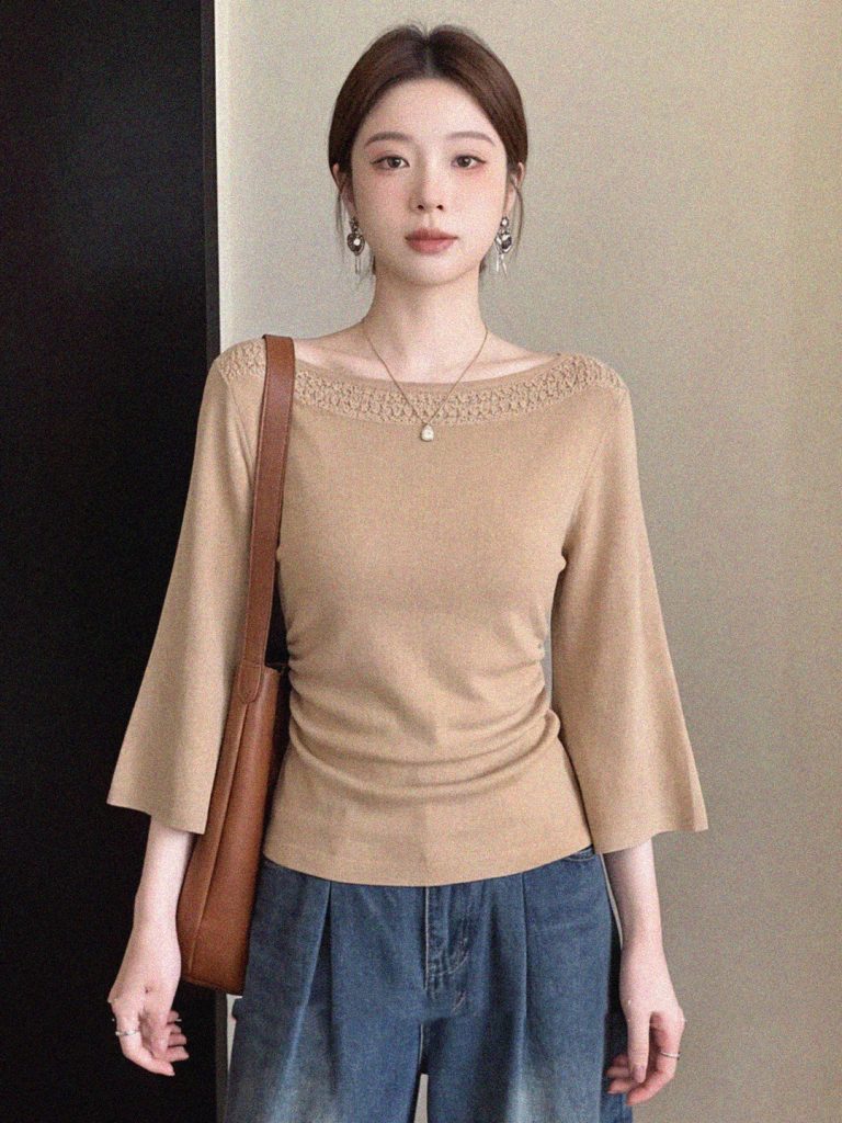 Soft Wool Lace Trim Off-Shoulder Flared Sleeve Knit Top for Women 2026 Autumn Elegant Minimalist