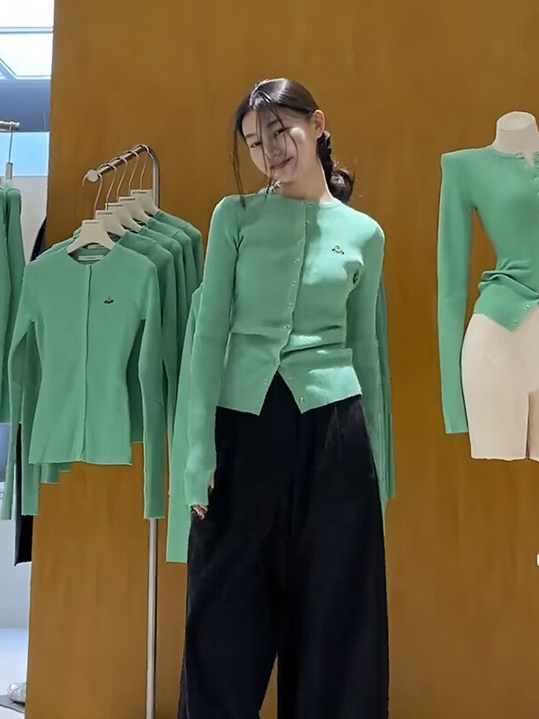 Green Crew Neck Long Sleeve Knit Cardigan Women's Early Spring New Slimming Fit