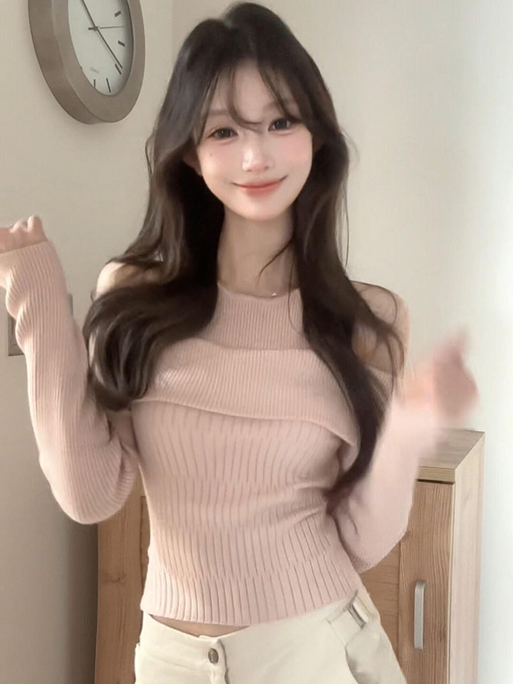 Women's Faux Two-Piece Off-Shoulder Ribbed Knit Long Sleeve Top Solid Color Fall Winter