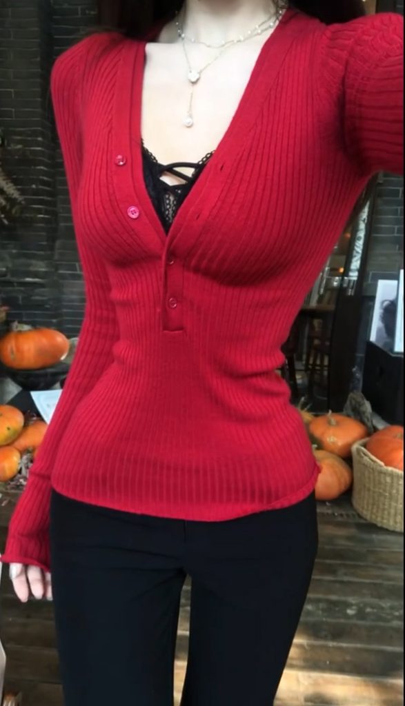 Red V-Neck Knit Top for Women Half Button Slimming Base Layer Fall Winter
